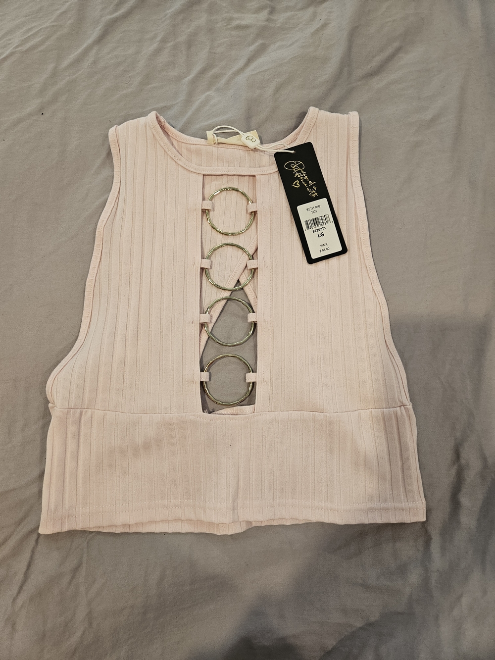 Sleeveless Pink Ribbed Crop Top with Ring Detail